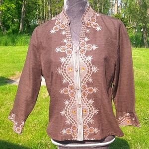VINTAGE SILK Ann Carson🤎Chocolate Brown Blouse/Jacket with Rhinestone/Beaded LG